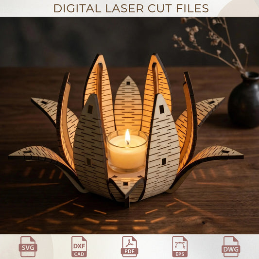 3D Flower Candle Holder Laser Cut File, Wooden Lotus Tea Light SVG