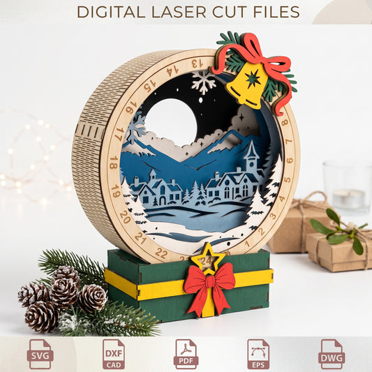 Christmas Countdown Calendar Laser Cut, Winter Village Advent Calendar Template, Snow Globe Light Box