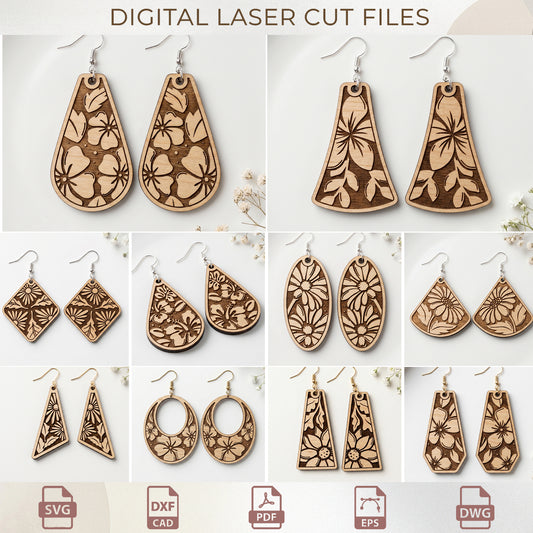 Floral Earring SVG Bundle, Wooden Jewelry Laser Cut Files, Botanical Teardrop & Geometric Earring Templates