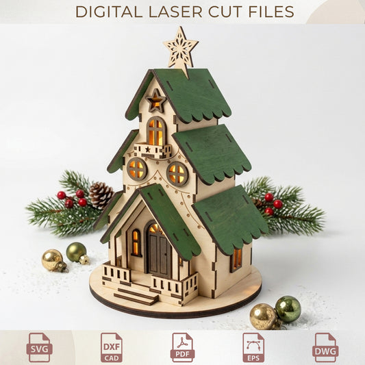 Christmas Tree House Lantern Laser Cut, Wooden Tea Light Holder Template (Digital Download)