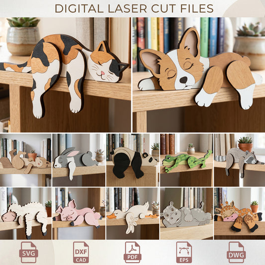 Sleepy Animal Bookshelf Sitter SVG Bundle, Laser Cut Layered Wood Shelf Decor, Home Decor
