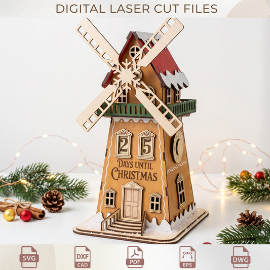 Christmas Windmill Countdown Laser Cut, Wooden Advent Calendar Template, Gingerbread House SVG