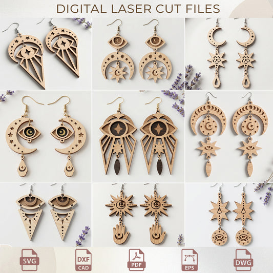Celestial Earring Laser Cut Bundle, Boho Wood Jewelry Templates, Mystical Moon, Star & Evil Eye