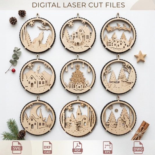 3D Multi Layer Christmas Ornament Laser Cut Bundle, Wooden Christmas Tree Decorations, Winter Scene