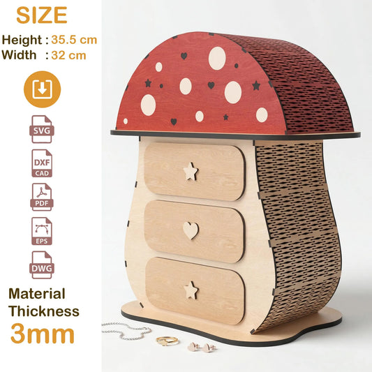 Mushroom Jewelry Box Laser Cut File, 3D Mushroom Chest SVG, Woodland Decor Glowforge Plan