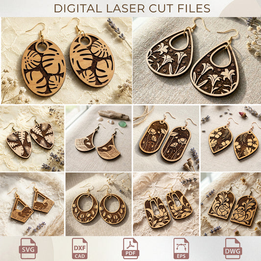 Botanical & Nature Earring SVG Bundle, Engraved Floral Wooden Jewelry, Spring and Summer Accessories
