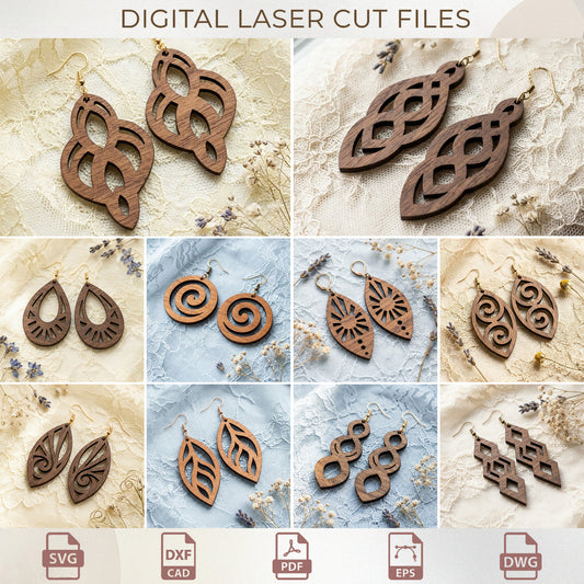 Earrings Laser Cut Bundle, Layered 3D Wood Earring SVG Files, Geometric & Floral (Digital Download)