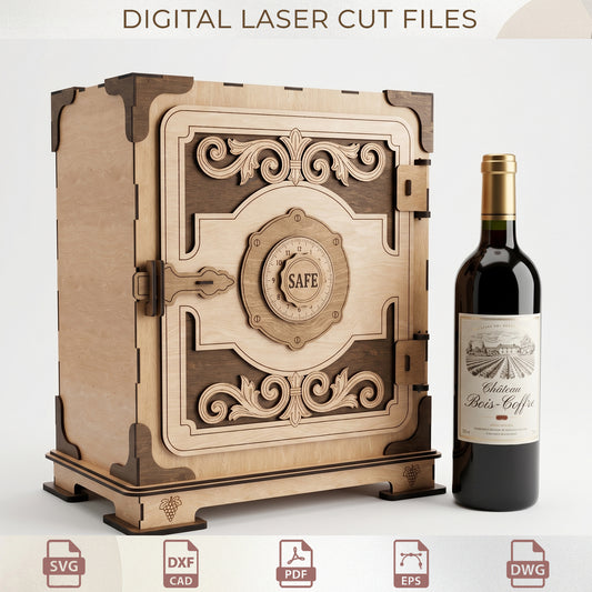 Vintage Wine Box Laser Cut, 3D Wooden Bank Safe Template, Home Decor, Men's Gift