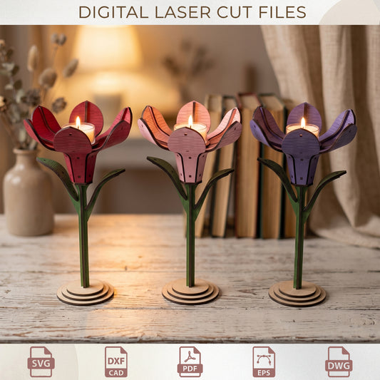 3D Flower Wooden Candle Holder Laser Cut, Tealight Stand SVG, Home Decor Template