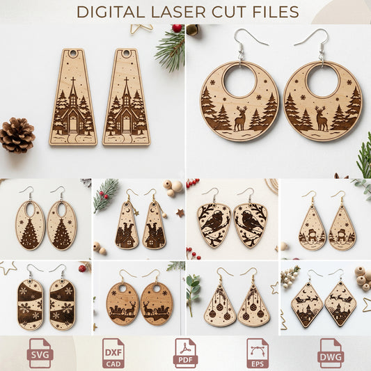 Christmas Earring Laser Cut Bundle, Winter Scene Wooden Dangle Jewelry Engrave Template (Digital Download)