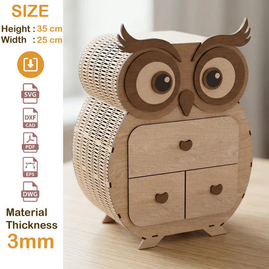 Owl Jewelry Box Laser Cut Files, 3D Wooden Owl Chest, 3mm Wood Desktop Organizer