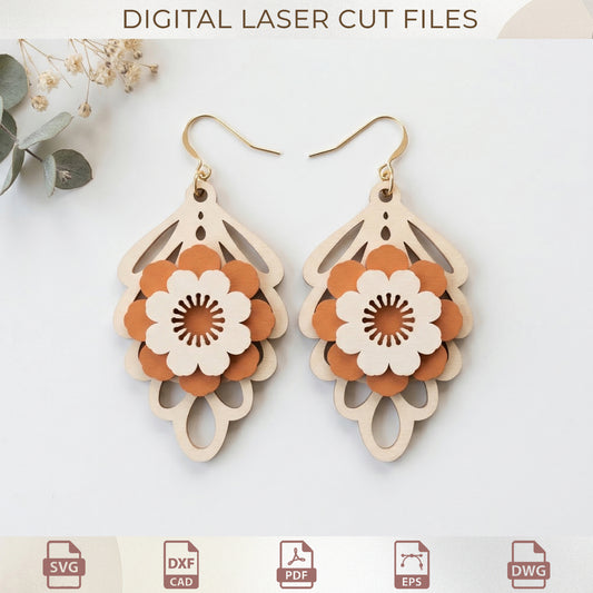 Floral Earring SVG Bundle, Wooden Flower Earrings Laser Cut Files, Boho Jewelry Designs