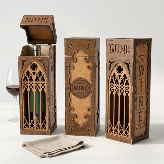 Laser Cut Wine Box Template, Vintage Gothic Arch Wooden Carrier, Elegant 3D Wood Packaging