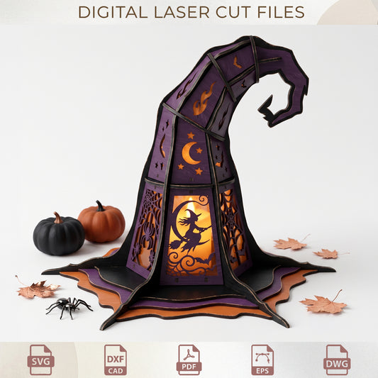 3D Witch Hat Lantern Laser Cut, Spooky Halloween Tealight Holder, Wood Centerpiece Template