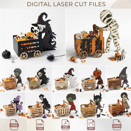 Halloween Candy Box SVG Bundle, Spooky Treat Cart Laser Cut, Holiday Home Decor
