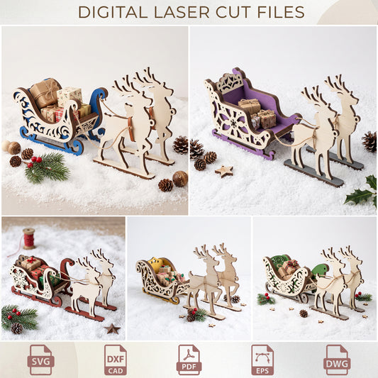 Christmas Candy Holder Laser Cut Bundle, Wooden Gift Box Centerpiece, Santa Sleigh Template.