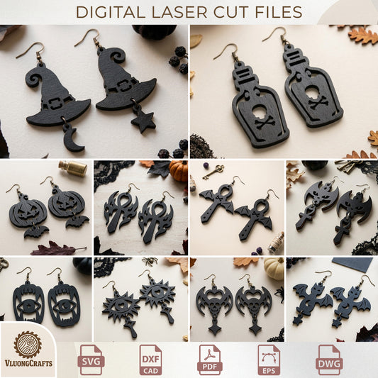 Halloween Earring SVG Bundle, Spooky Goth Wood Jewelry Laser Cut ( Digital Download )