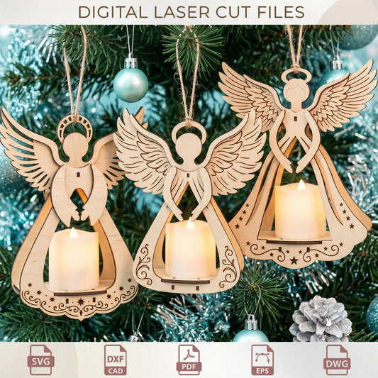 Angel Tea Light Holder Laser Cut Bundle, Wooden Christmas Candle Holder Template, Tree Decor