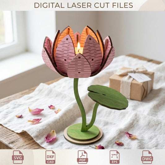 3D Lotus Flower Candle Holder SVG, Wooden Tealight Laser Cut, Home Decor