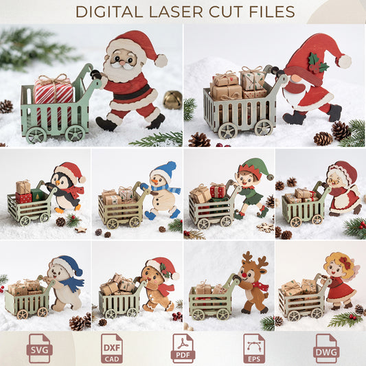 Christmas Gift Box SVG Bundle, Funny Candy Cart Laser Cut, Wooden Treat Wagon Template