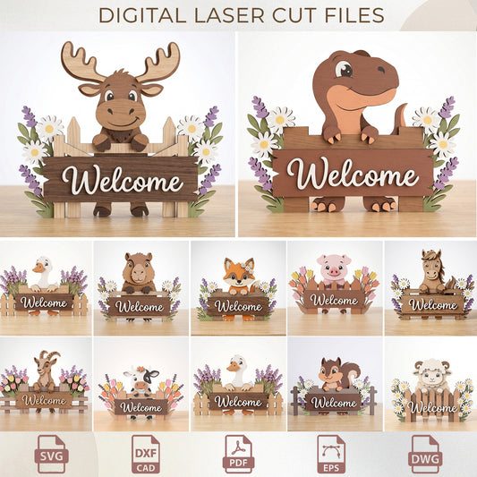 3D Animal Welcome Sign Laser Cut SVG Bundle, Layered Wood Table Decor Glowforge