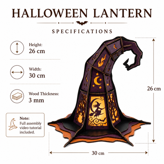 3D Witch Hat Lantern Laser Cut, Spooky Halloween Tealight Holder, Wood Centerpiece Template