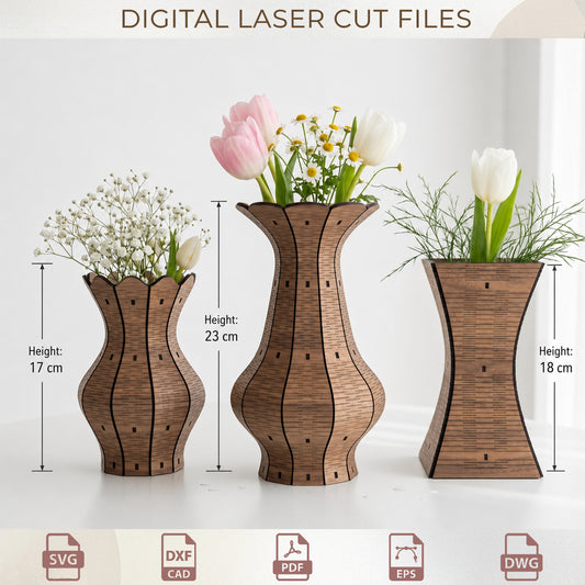 3D Wooden Vase Set Laser Cut, Living Hinge Plywood Planter Template, Elegant Wood Decor Files