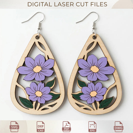 Floral Teardrop Earrings Laser Cut Bundle, Wooden Jewelry Tempalte ( Digital Files )