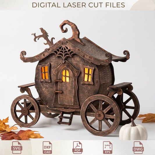 3D Halloween Pumpkin Carriage SVG, Spooky Lantern Wagon Laser Cut, Wood Table Centerpiece Decor