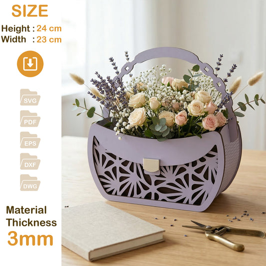 Floral Wooden Purse SVG, Laser Cut Handbag Vase File, Decorative Flower Bag Template