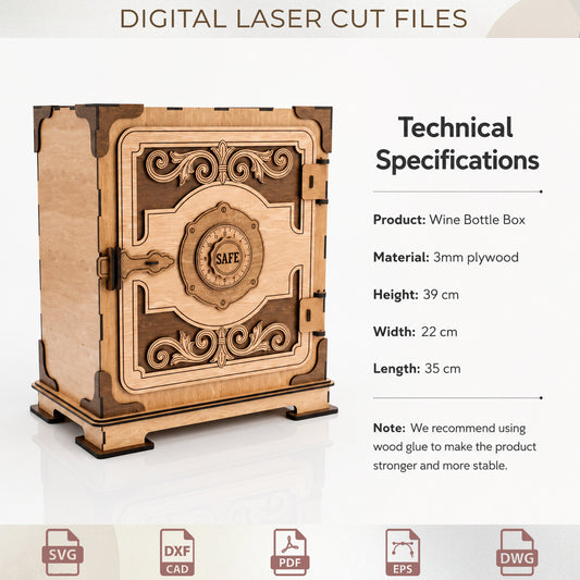 Vintage Wine Box Laser Cut, 3D Wooden Bank Safe Template, Home Decor, Men's Gift