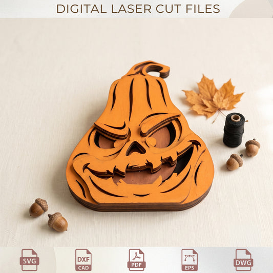 3D Layered Jack-O-Lantern SVG Bundle, Spooky Halloween Pumpkin Laser Cut Files, Wood Decor Template