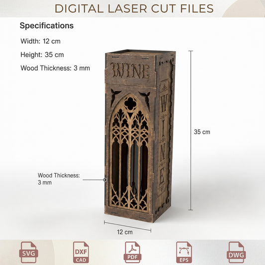 Laser Cut Wine Box Template, Vintage Gothic Arch Wooden Carrier, Elegant 3D Wood Packaging
