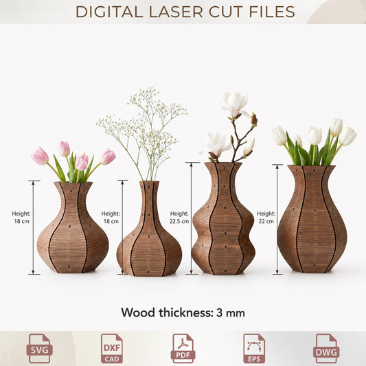 3D Wooden Vase Bundle Laser Cut, Modern Decorative Flower Pot SVG, Wood Decor Templates