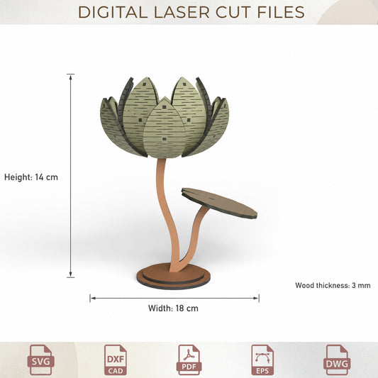 3D Lotus Flower Candle Holder SVG, Wooden Tealight Laser Cut, Home Decor