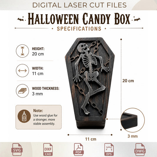 Halloween Coffin Box Laser Cut Bundle, 3D Layered Skeleton & Skull Storage, Wood Casket Template