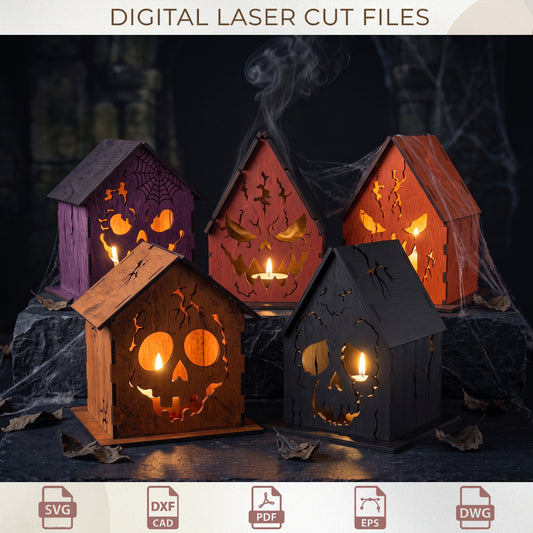 Halloween Haunted House Lantern SVG Bundle, Spooky Tealight Laser Cut Decor (Digital Download)