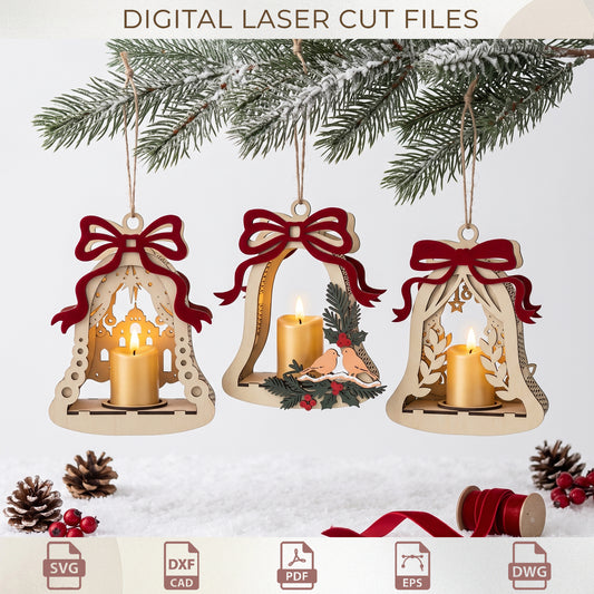 Christmas Bell Hanging Tea Light Holder Laser Cut Bundle, Holidays Wood Lantern Template