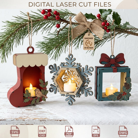 Set 3 Christmas Ornament Laser Cut, Snowflake Tea Light Holder Template, Stocking Wood Lantern