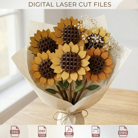 3D Sunflower Bouquet Laser Cut File, Wooden Flower SVG for Mother's Day Gift