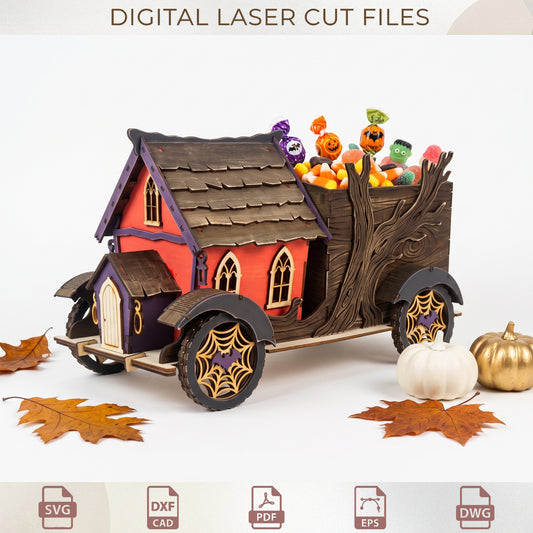 3D Haunted House Candy Truck Laser Cut, Halloween Spooky Wagon , Wooden Treat Box Centerpiece