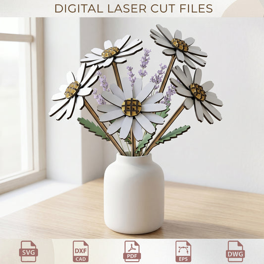 3D Daisy Flower Bouquet Laser Cut File, Wooden Floral SVG Template for Spring Decor