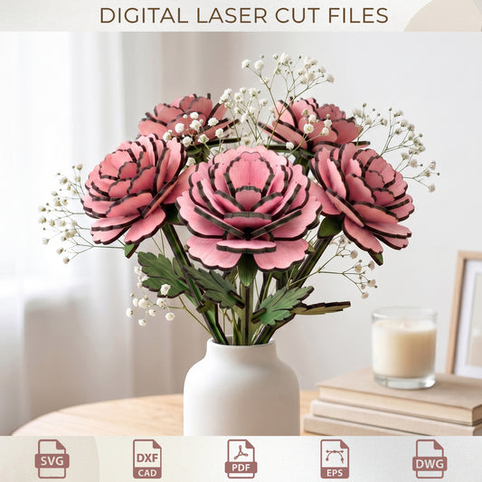 3D Peony Bouquet Laser Cut File, Wooden Flower SVG Template, Digital Glowforge Design